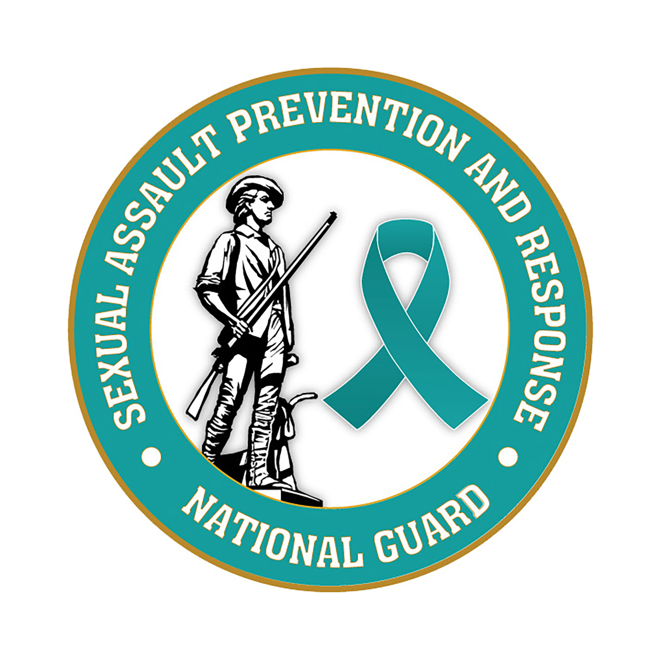 National Guard Sexual Assault Prevention & Response Program logo. A teal circle depicting the National Guard minuteman and a teal SAPR ribbon inside the words 'National Guard Sexual Assault Prevention & Response'